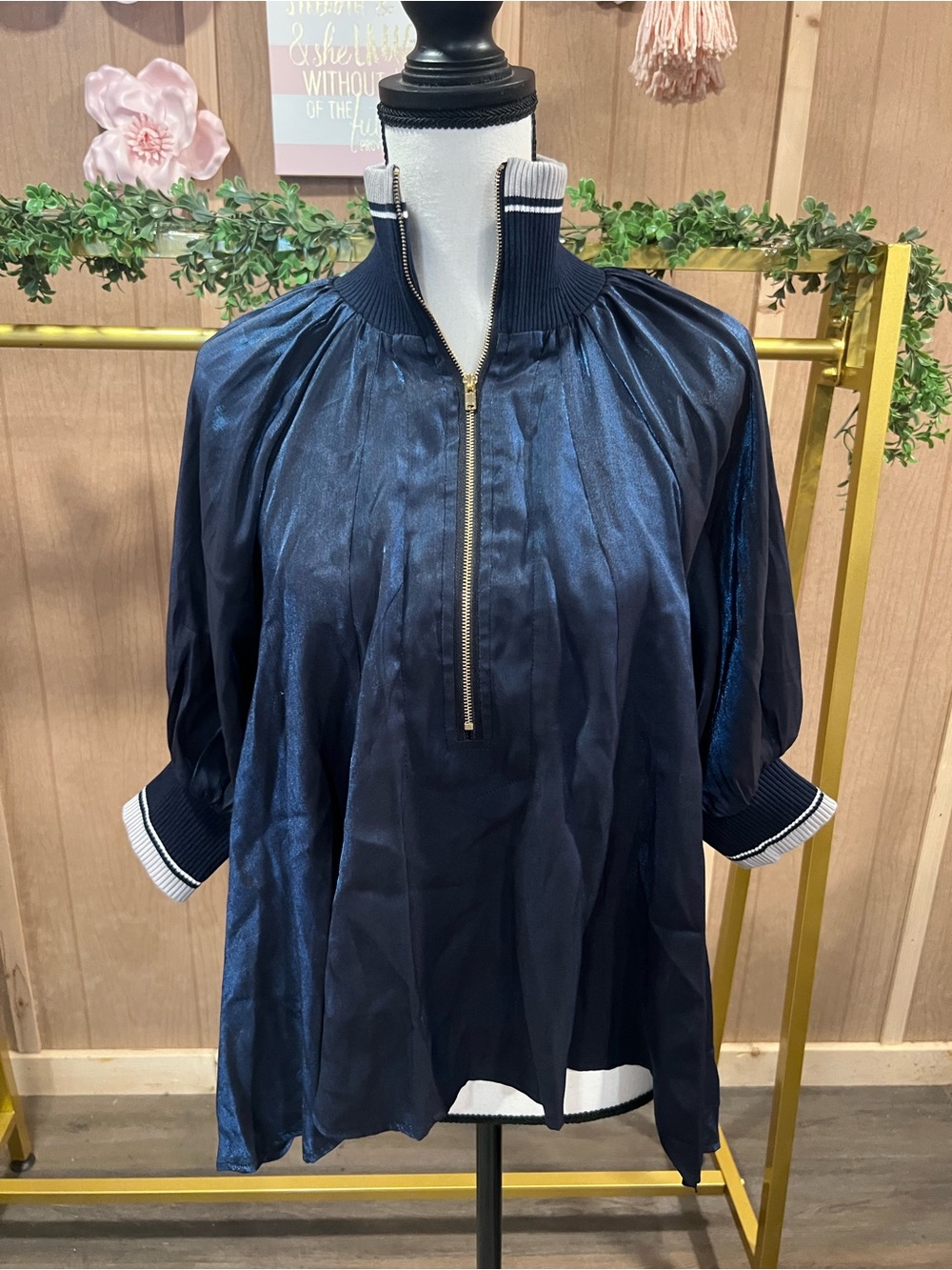 Navy Half-Zip Shiny Pullover Top - Glam